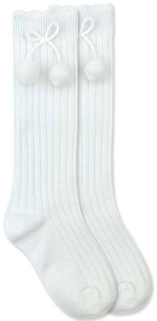 Rib Pom Pom Knee High- White (1640) For Discount